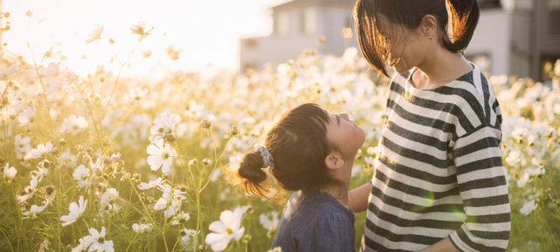 Mother and daughter are in the cosmos field