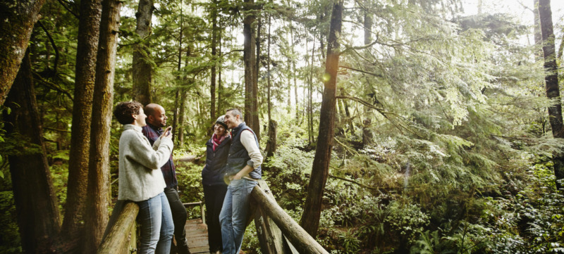 Woman taking photo of friends with smartphone