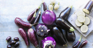 Selection of aubergines, striped Italian, medium round, small, white Italian, Violetta di Firenze, large purple