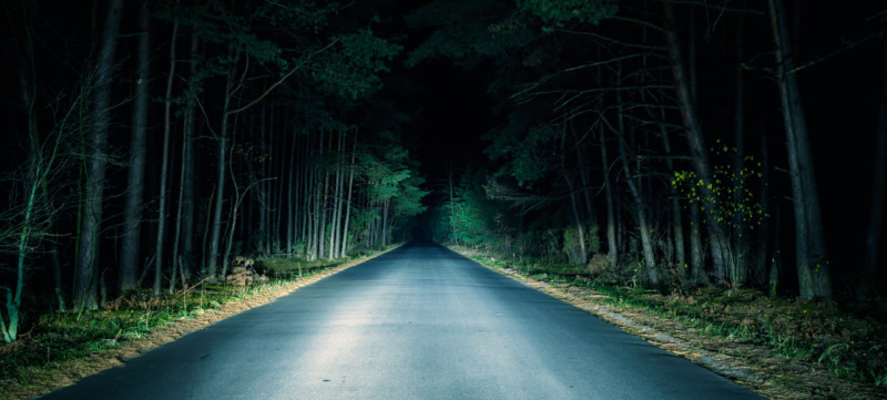 Paved road going through woods at night