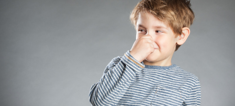 Portrait of boy, holding nose, grey background