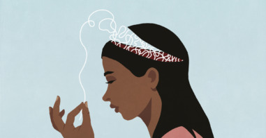 Profile woman with open head pulling at string