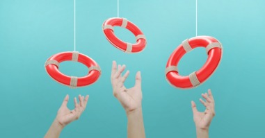 Lifebuoy in hand and Support to survive Concept. hands of a businessman who receives on Blue background. copy space, digital, banner – 3d rendering