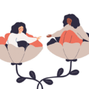 een getekend beeld van twee vrouwen op bloemen die elkaar de hand toereiken als beeld bij tekst over suïcide preventie
