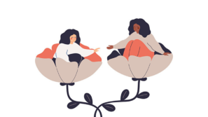 een getekend beeld van twee vrouwen op bloemen die elkaar de hand toereiken als beeld bij tekst over suïcide preventie