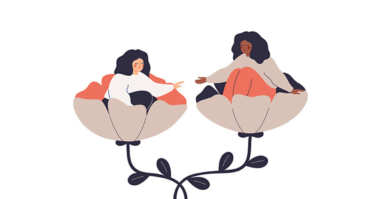 een getekend beeld van twee vrouwen op bloemen die elkaar de hand toereiken als beeld bij tekst over suïcide preventie