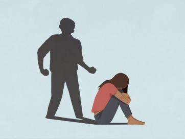 Illustratie van een man die over een vrouw gebogen staat bij een artikel over de signalen van partnergeweld
