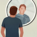 Illustratie van een man die in een gebroken spiegel kijkt bij een artikel over narcisme