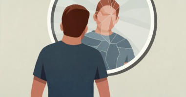 Illustratie van een man die in een gebroken spiegel kijkt bij een artikel over narcisme