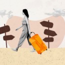 illustratie van een vrouw met een koffer bij een artikel over de psychologische voordelen van reizen