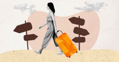 illustratie van een vrouw met een koffer bij een artikel over de psychologische voordelen van reizen