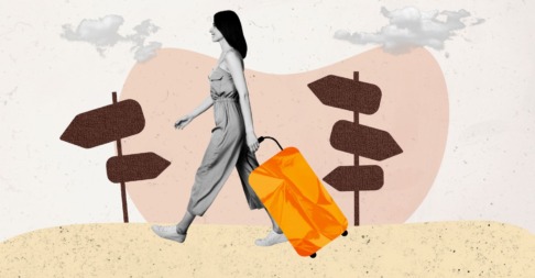 illustratie van een vrouw met een koffer bij een artikel over de psychologische voordelen van reizen