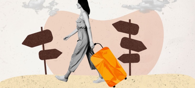 illustratie van een vrouw met een koffer bij een artikel over de psychologische voordelen van reizen