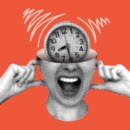 illustratie van een vrouw met haar vingers in haar oren en een wekker die afgaat om half negen