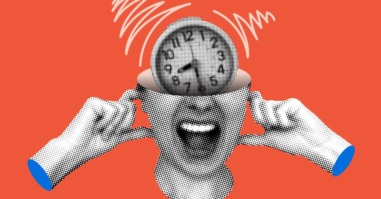 illustratie van een vrouw met haar vingers in haar oren en een wekker die afgaat om half negen