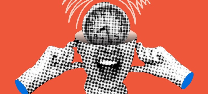 illustratie van een vrouw met haar vingers in haar oren en een wekker die afgaat om half negen