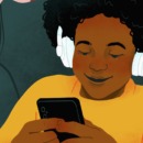 Illustratie van een persoon die aan het scrollen is op de telefoon.