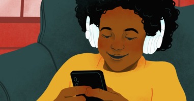 Illustratie van een persoon die aan het scrollen is op de telefoon.