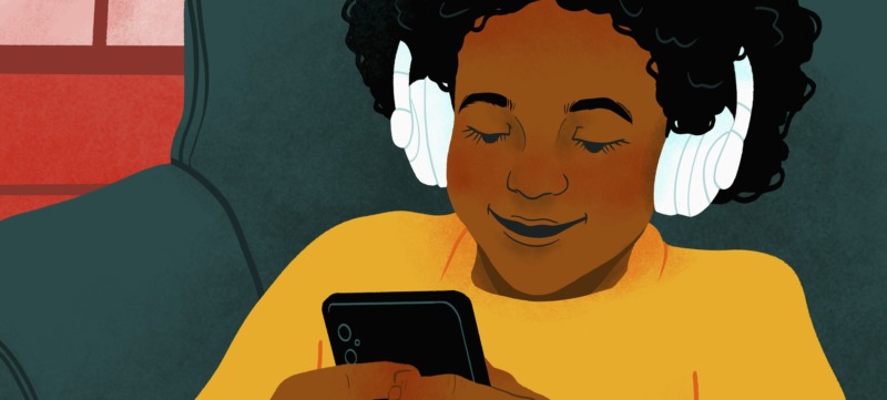 Illustratie van een persoon die aan het scrollen is op de telefoon.