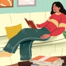 Illustratie van een vrouw die een boek leest op de bank.