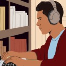 Illustratie van een jongen die geconcentreerd achter zijn laptop zit.