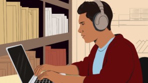 Illustratie van een jongen die geconcentreerd achter zijn laptop zit.