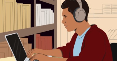 Illustratie van een jongen die geconcentreerd achter zijn laptop zit.