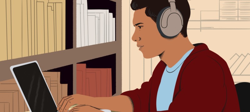 Illustratie van een jongen die geconcentreerd achter zijn laptop zit.