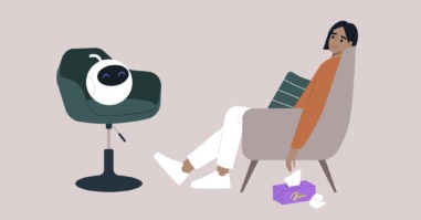 Illustratie van iemand die tegen een bot praat over psychische klachten.