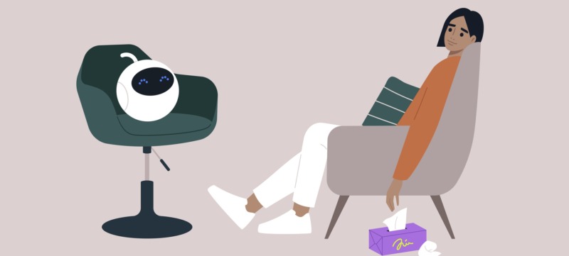Illustratie van iemand die tegen een bot praat over psychische klachten.