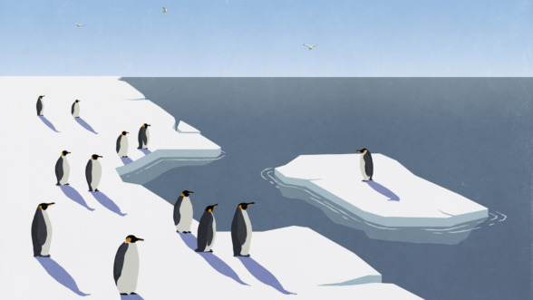 Illustratie van pinguins op een stuk ijs, en een enkele pinguin op een ander stuk ijs.