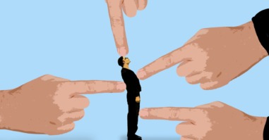 Illustratie van handen die wijzen naar een persoon.