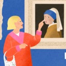 illustratie van een persoon die in een museum een kunstwerk aanraakt wat eigenlijk niet mag