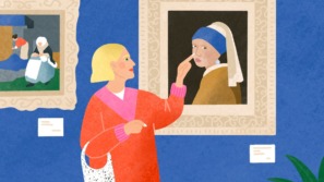 illustratie van een persoon die in een museum een kunstwerk aanraakt wat eigenlijk niet mag