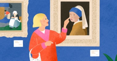 illustratie van een persoon die in een museum een kunstwerk aanraakt wat eigenlijk niet mag