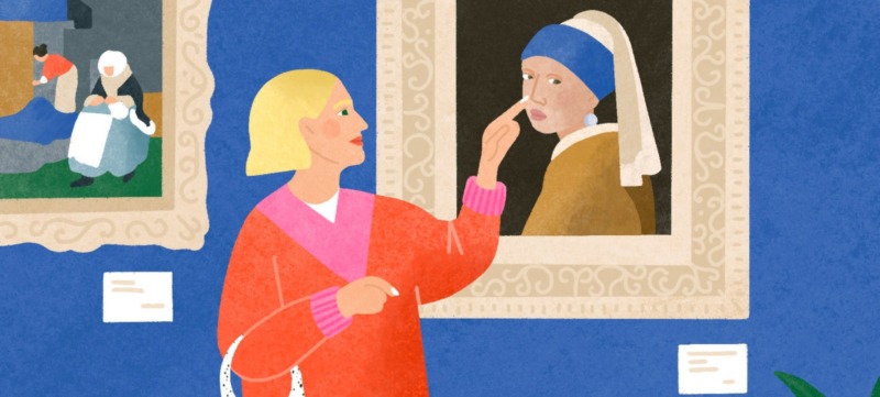 illustratie van een persoon die in een museum een kunstwerk aanraakt wat eigenlijk niet mag