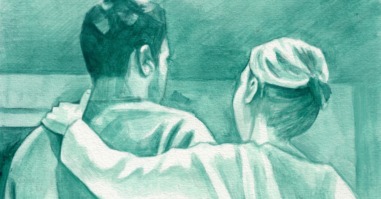 illustratie van een vrouw die haar man of vriend ondersteunt