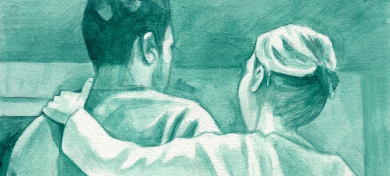 illustratie van een vrouw die haar man of vriend ondersteunt