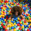 een man ligt in de ballenbak en streeft een rommelig en speels leven na