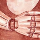 robot arm slaat een arm om een mens heen