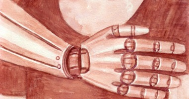 robot arm slaat een arm om een mens heen