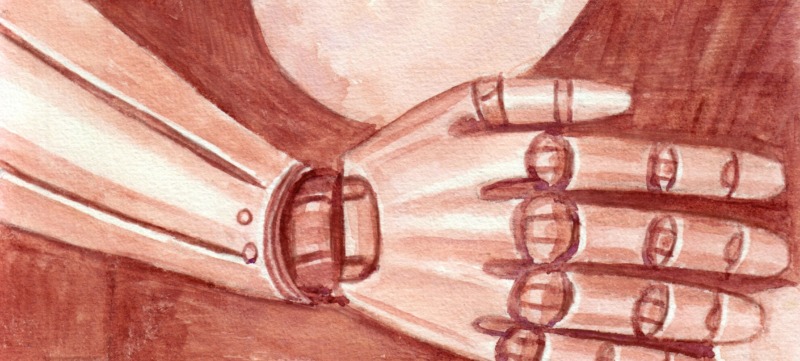 robot arm slaat een arm om een mens heen