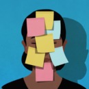 illustratie van een persoon met allemaal post-it's op het gezicht ter illustratie van een overprikkeld brein dat rust nodig heeft