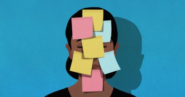 illustratie van een persoon met allemaal post-it's op het gezicht ter illustratie van een overprikkeld brein dat rust nodig heeft