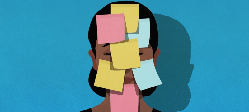 illustratie van een persoon met allemaal post-it's op het gezicht ter illustratie van een overprikkeld brein dat rust nodig heeft