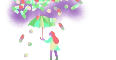 illustratie van een persoon die allerlei pillen krijgt tegen haar psychische klachten