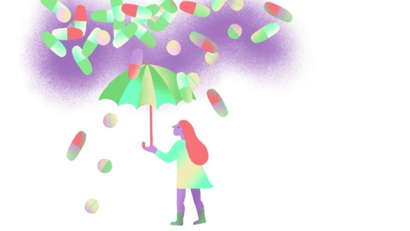illustratie van een persoon die allerlei pillen krijgt tegen haar psychische klachten