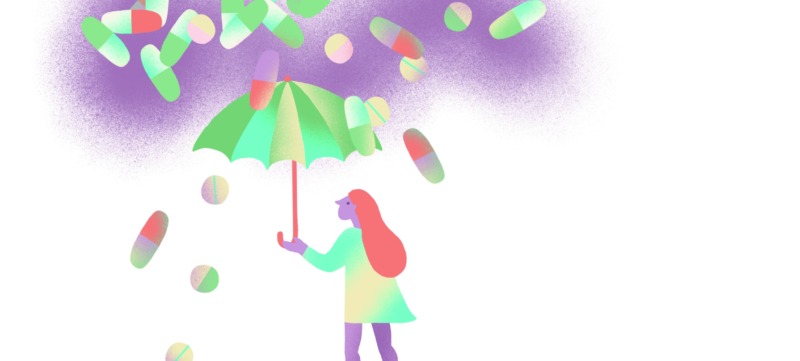 illustratie van een persoon die allerlei pillen krijgt tegen haar psychische klachten