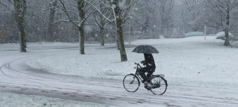 A woman ride bicycle and take cover with umbrella during snowfall at the Rembrandt park in Amsterdam,Netherlands.