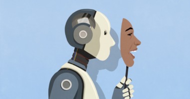 een robot doet zijn mensenmasker af